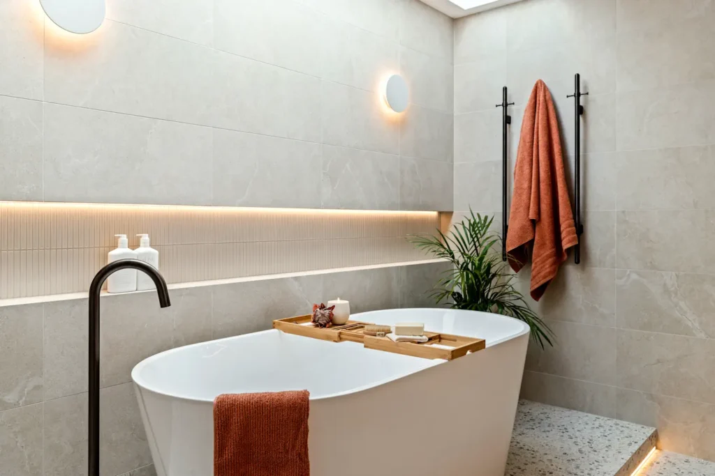 A modern, luxury bathroom renovation showing a bath and skylight